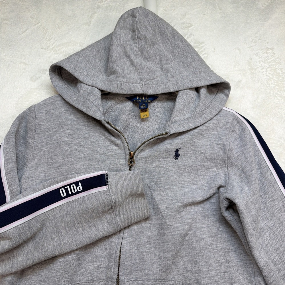 Polo Ralph‎ Lauren Zip Hoodie Boys Large Gray Pony Logo Track Stripe Preppy